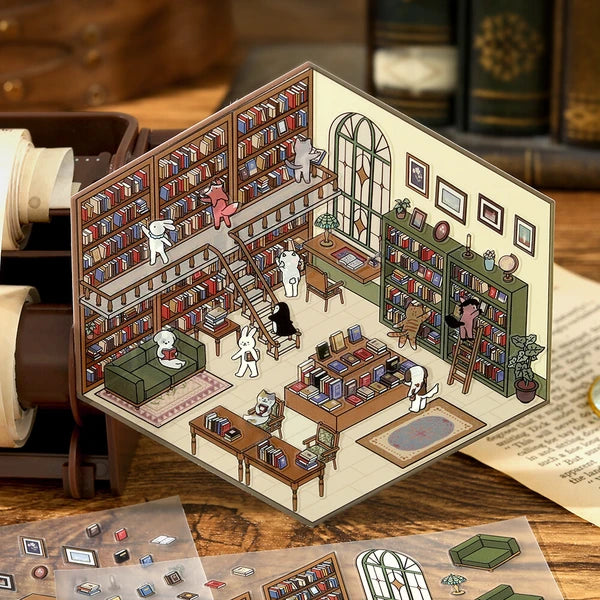 Diorama 2.5D límmiðar – Bókasafn