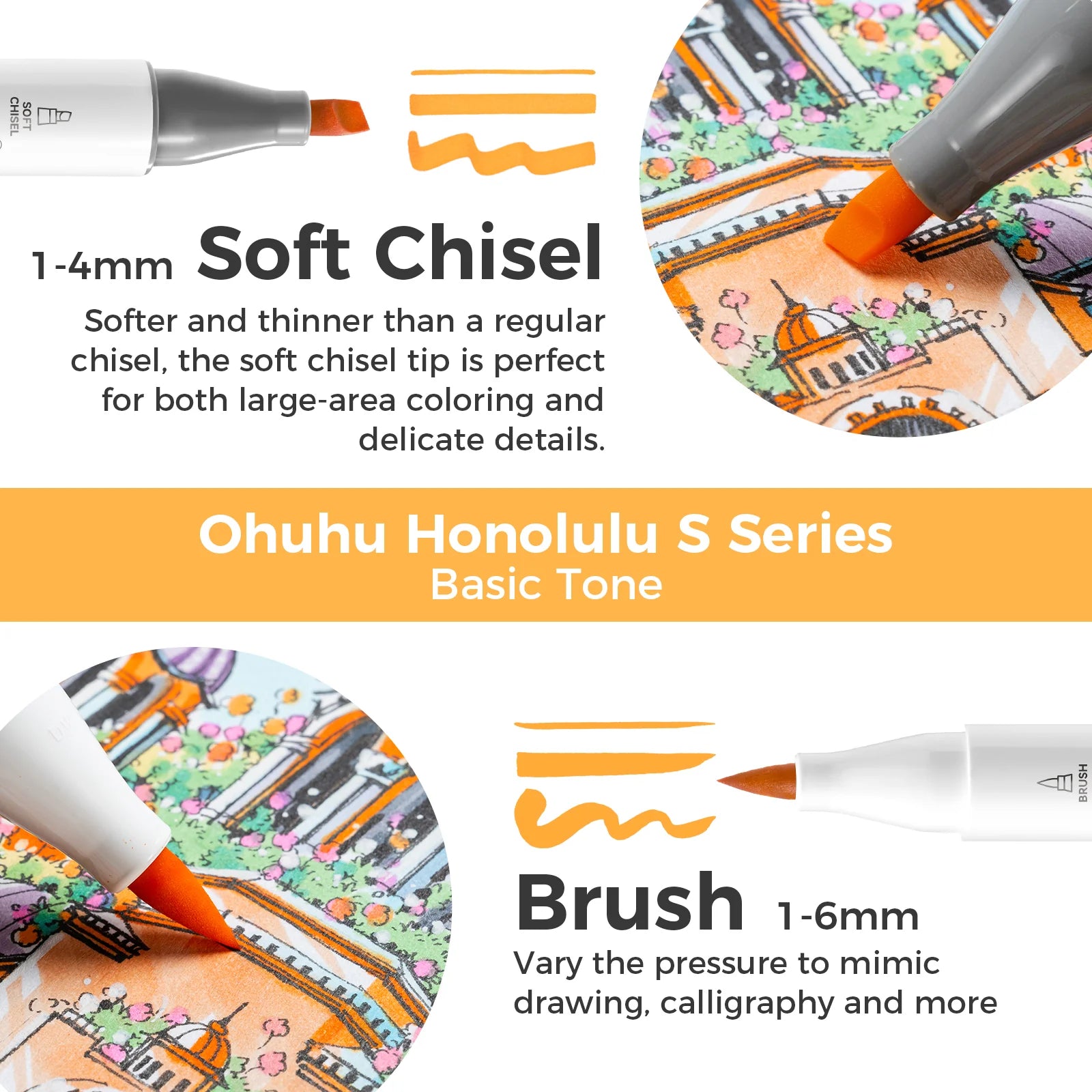 Ohuhu Honolulu S Alcohol Markers 48-Color, Brush & Soft Chisel