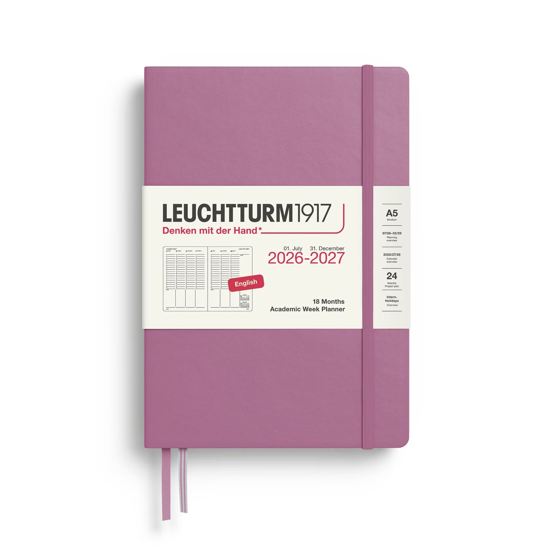 Academic Week Planner (A5) 2026/2027, 18 mánuðir - Dusty Rose