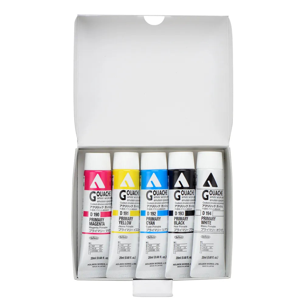 Holbein Akrýl Gvass (Acrylic Gouache) 5 x 20ml túbur - Grunnlitir