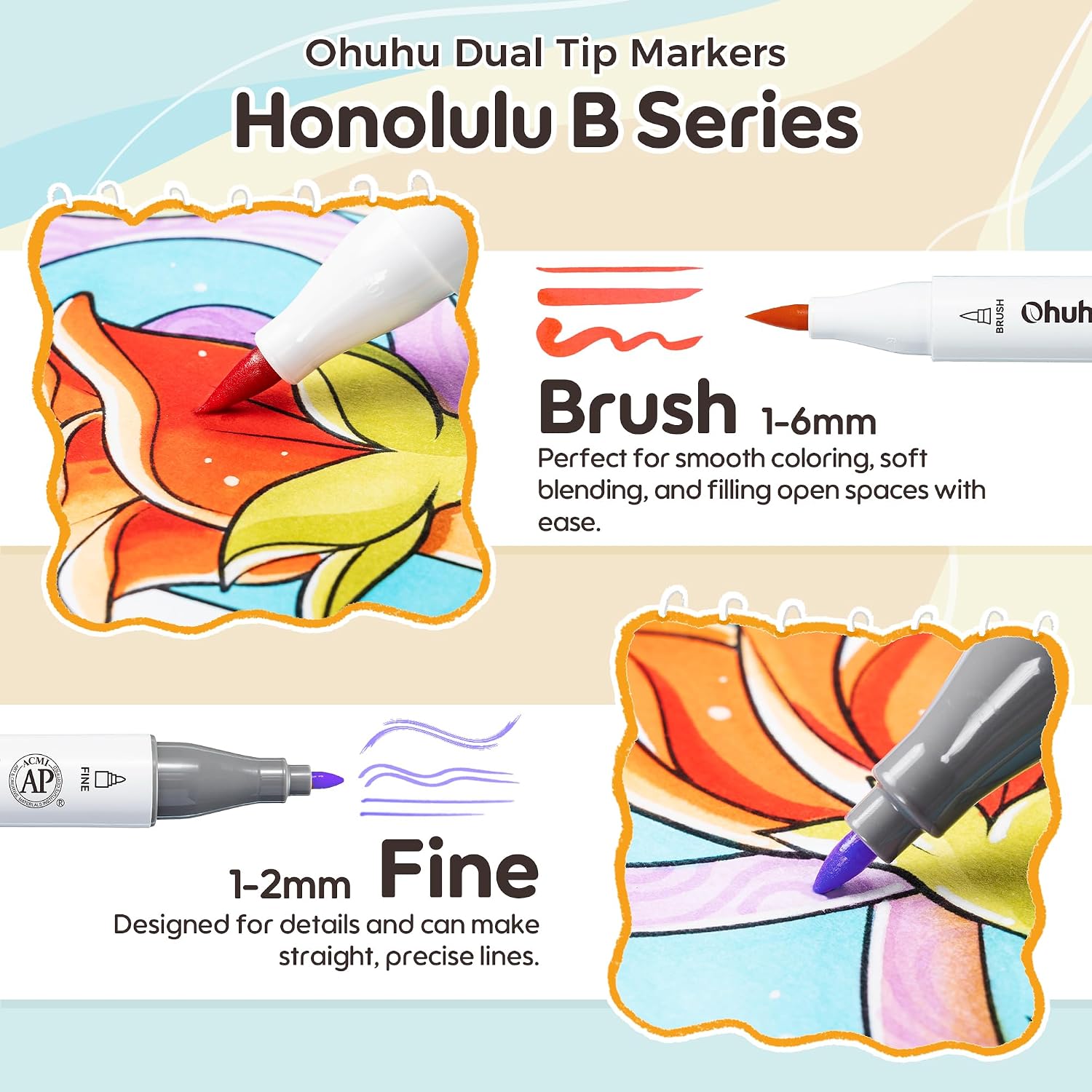 Ohuhu x Jade Summer tússlitasett með litabók [48stk - brush&fine]