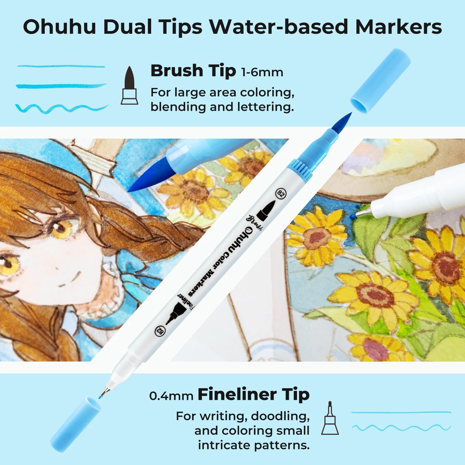 Ohuhu Maui vatnslitatúss [36stk í pakka - brush&fineliner]