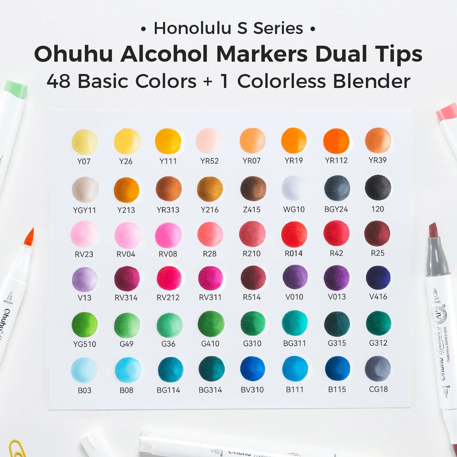 Ohuhu Honolulu S Alcohol Markers 48-Color, Brush & Soft Chisel