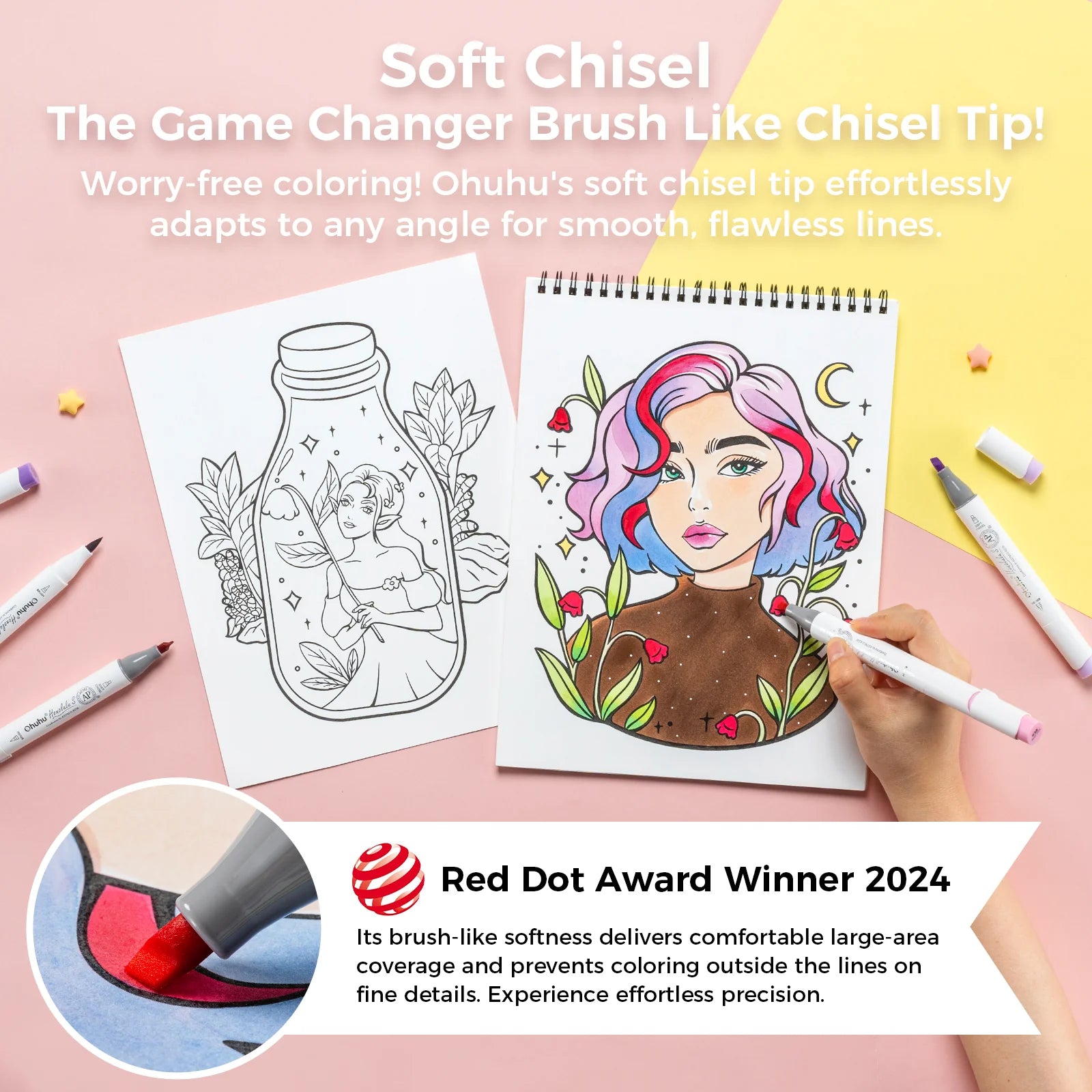 Ohuhu spritttúss S Illustration Color [60stk í pakka - tvíodda, brush & soft chisel]