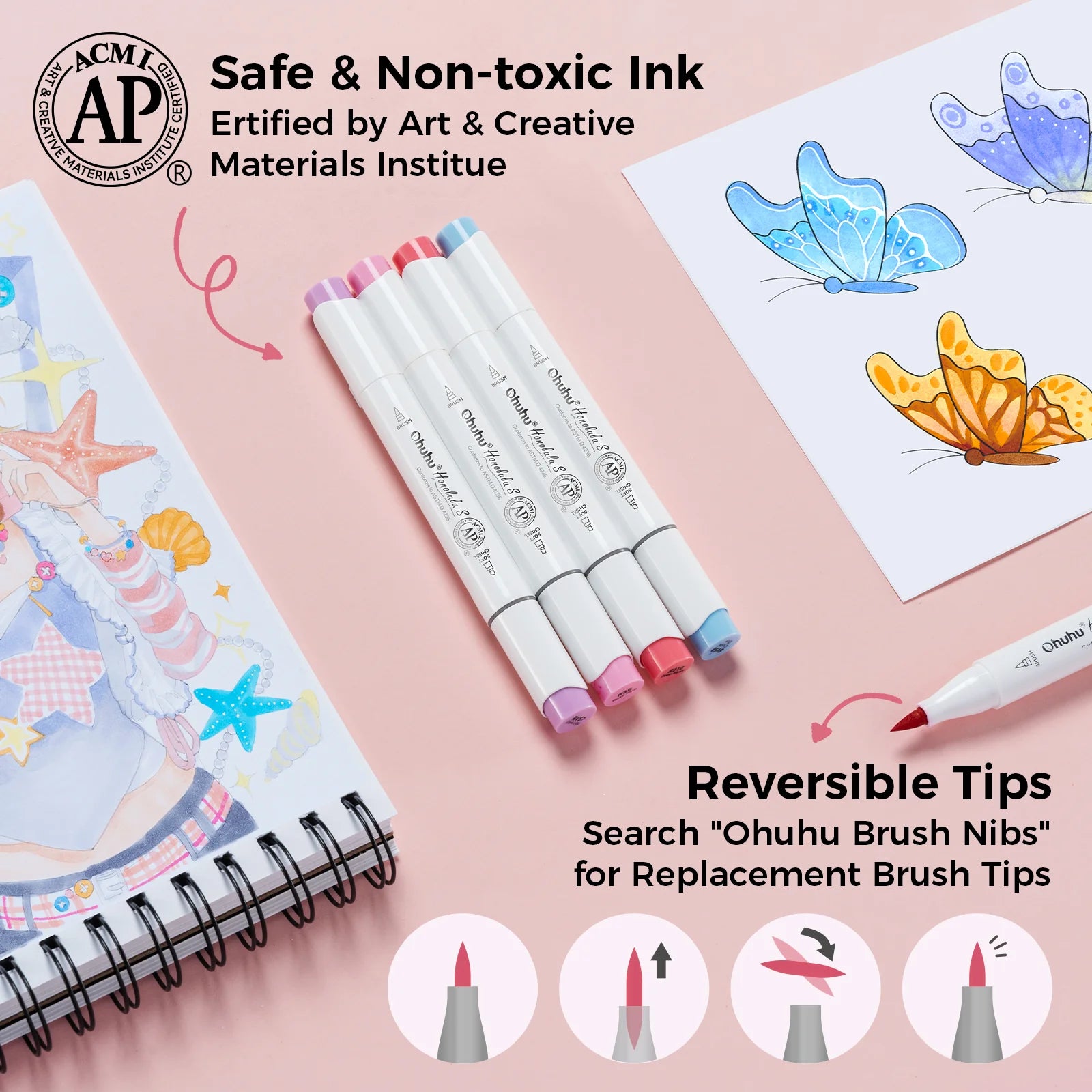 Ohuhu spritttúss S Illustration Color [60stk í pakka - tvíodda, brush & soft chisel]