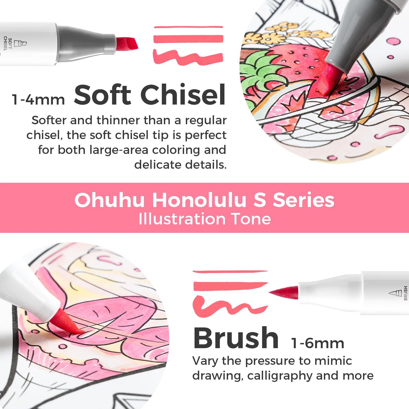 Ohuhu spritttúss S Illustration Color [60stk í pakka - tvíodda, brush & soft chisel]