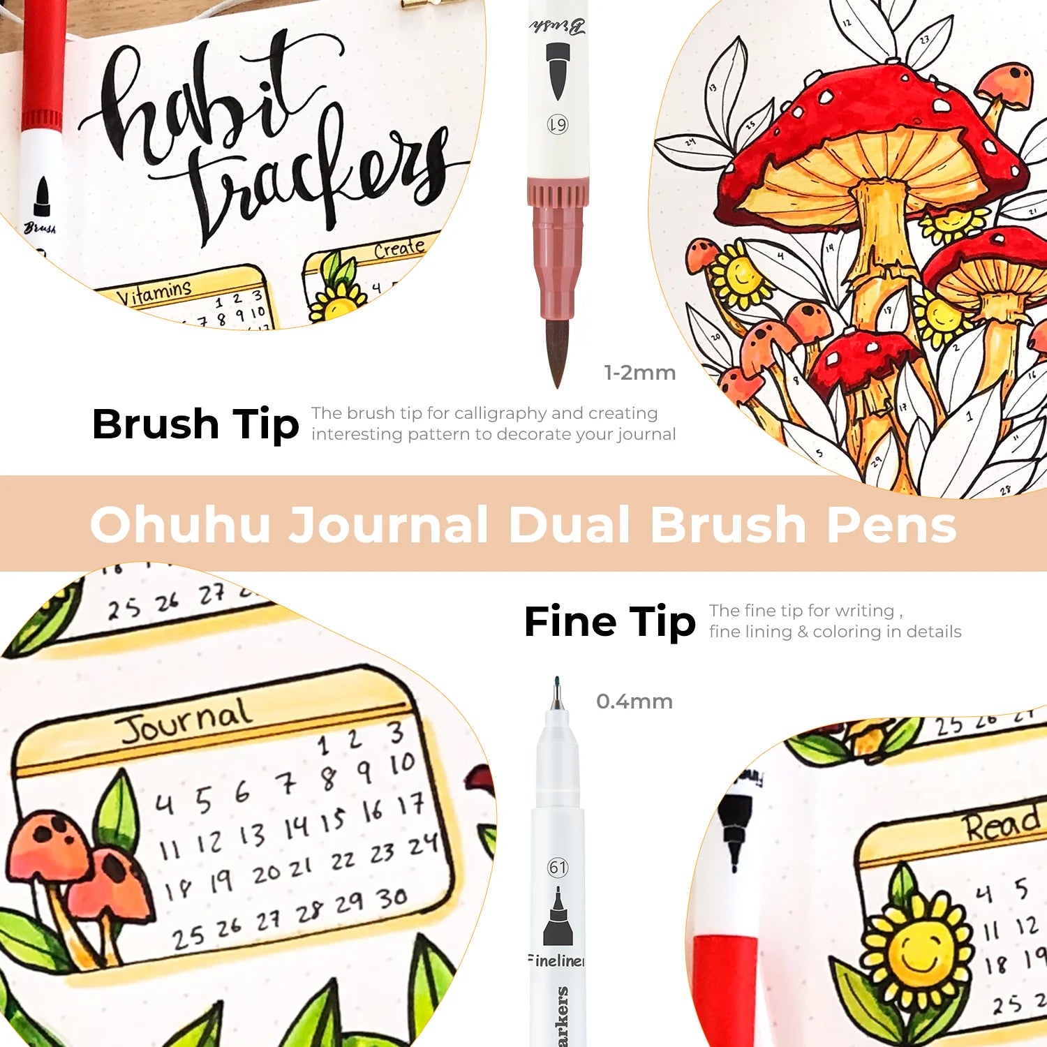 Ohuhu Maui vatnslitatúss [100stk í pakka - brush&fineliner] svartar umbúðir