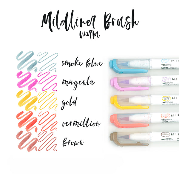 MILDLINER Brush Pen & Marker - Warm sett með 5 litum
