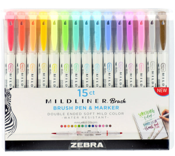 MILDLINER Brush Pen & Marker - sett með 15 litum